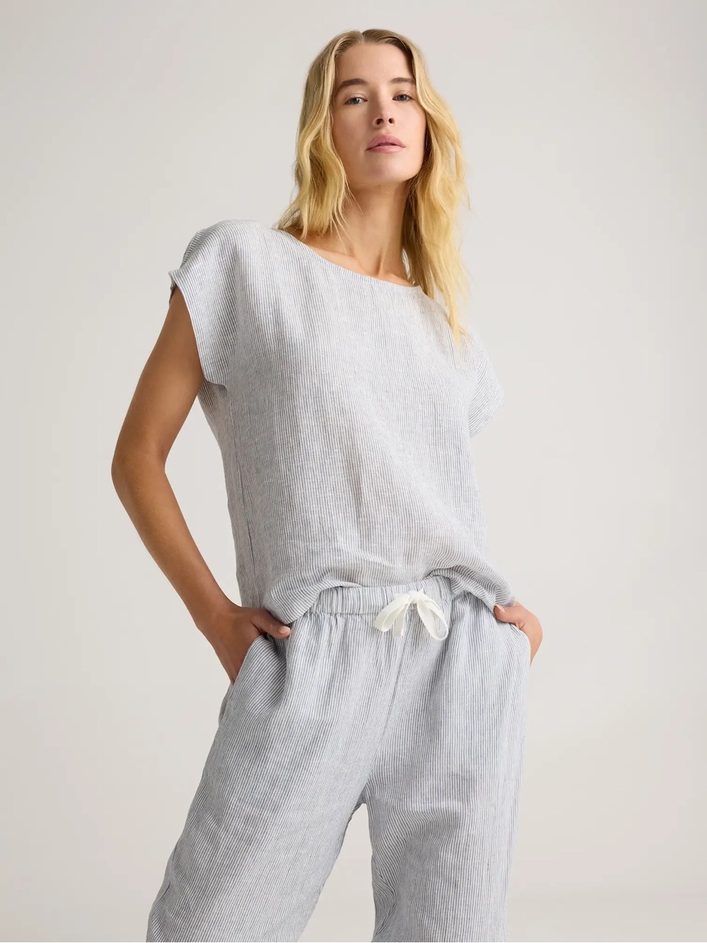 Quince 100% European Linen Pajama Set | Blue Pinstripe | Size Medium